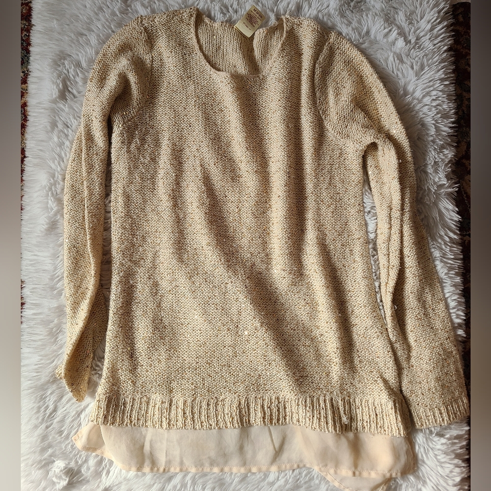 Faded Glory Women's Beige Knit Sweater W Gold Sequin